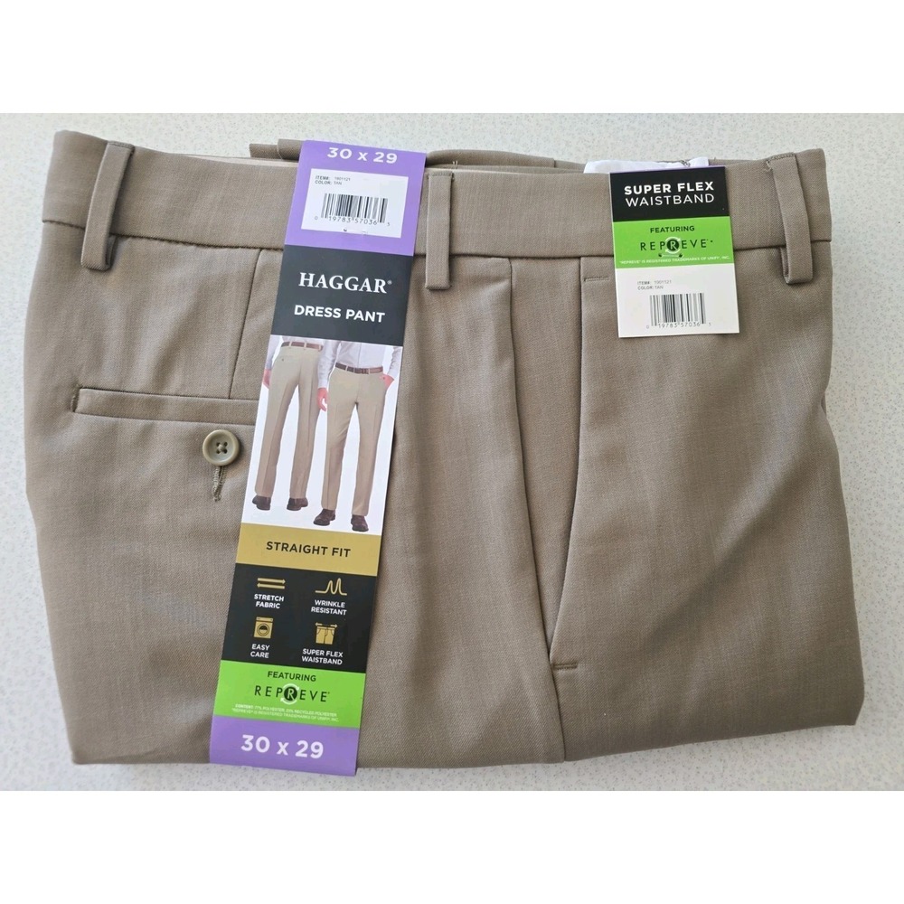Haggar Men's  Dress Pants Straight Fit Tan 30 X29 New With Tags Super Flex Waist